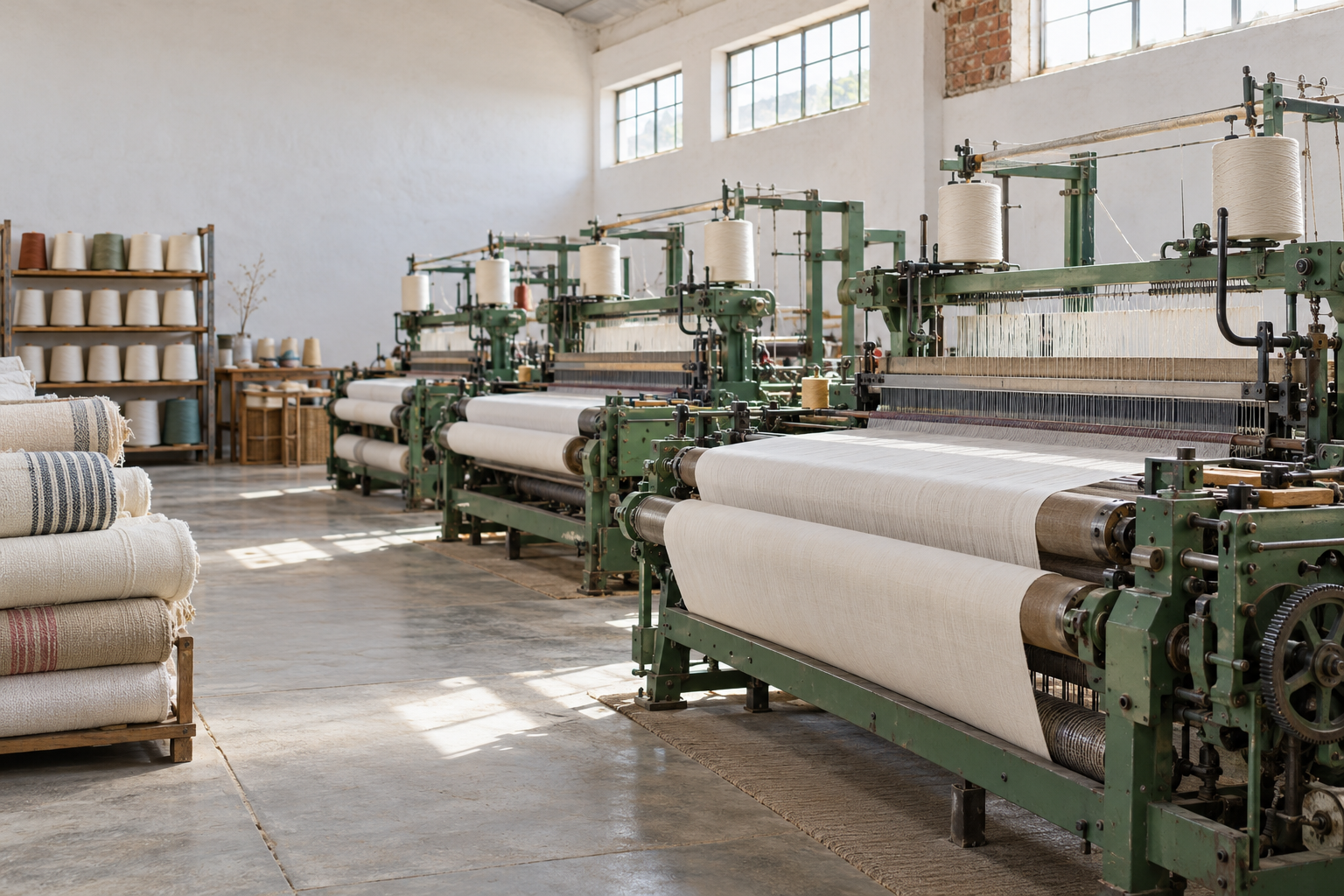 Illustrative textile weaving workshop with green looms